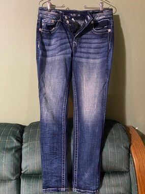 Miss Me Dark Blue Skinny Jeans with Faded Whiskering